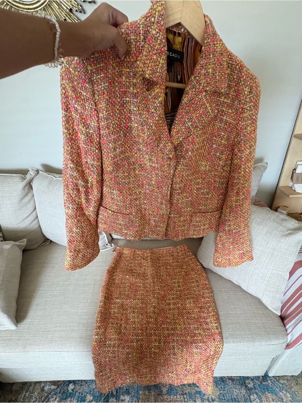 Vintage Escada Pink-Orange Tweed Cropped Blazer and Pencil Skirt Set